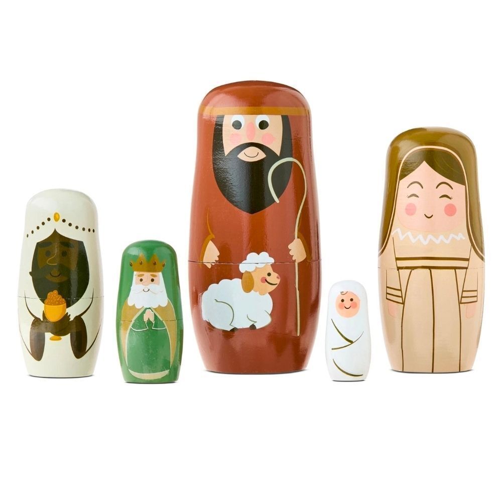 Wooden Christmas Nativity Nesting Dolls, 5 Pieces, 6.75", by Holiday Time, New